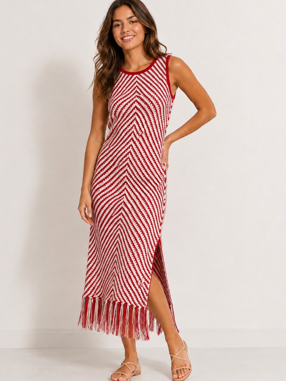 Wenrine Striped Tassel Sleeveless Crochet Knit Maxi Dress